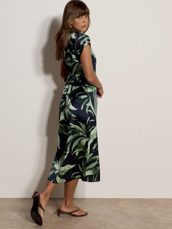 Tropical Leaf Satin Shirt Midi Dress, Navy, large