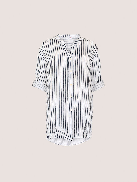 Oversized Cotton Stripe Shirt, White, large