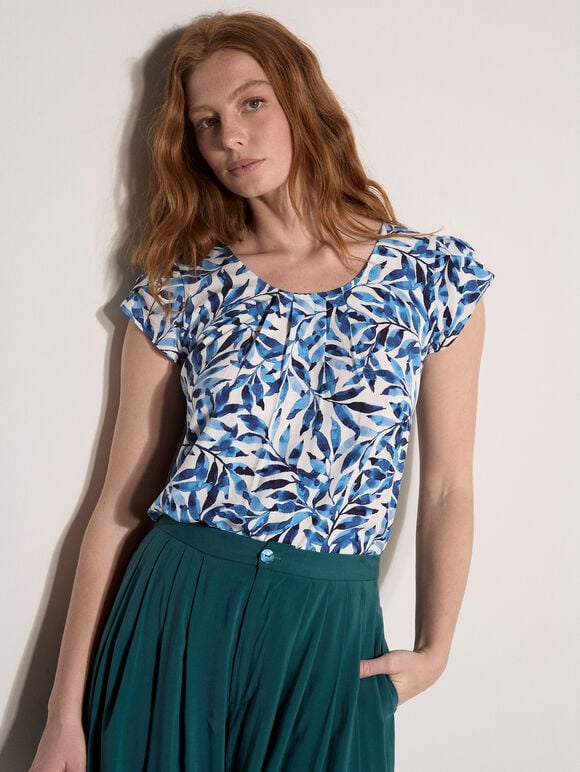 Leaf Print Tulip Sleeve Top, Blue, large