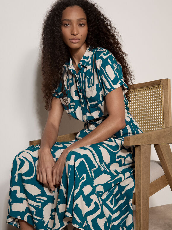 Geo Grecian Shirt Midi Dress, Teal, large