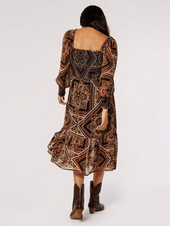 Scarf Print Milkmaid Midi Dress, Rust, large