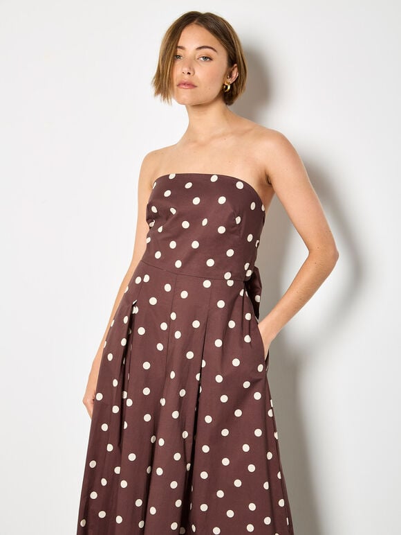 Polka Dot Bow Back Wide-Leg Jumpsuit, Brown, large