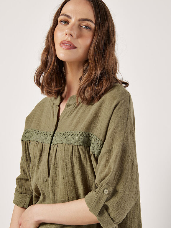 Lace Detail Cotton Blouse, Khaki, large