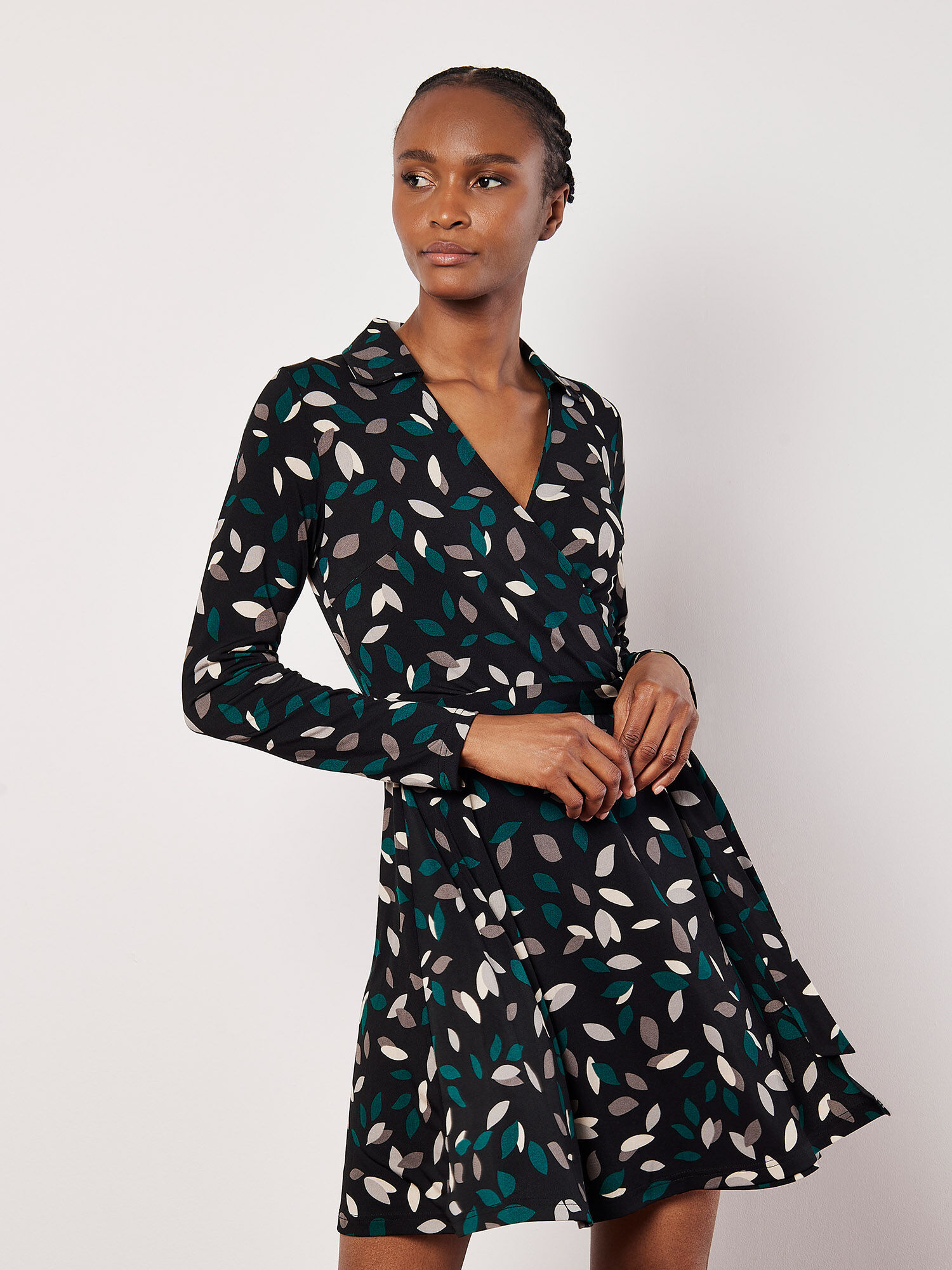 Leaf Print Wrap Mini Dress Apricot Clothing