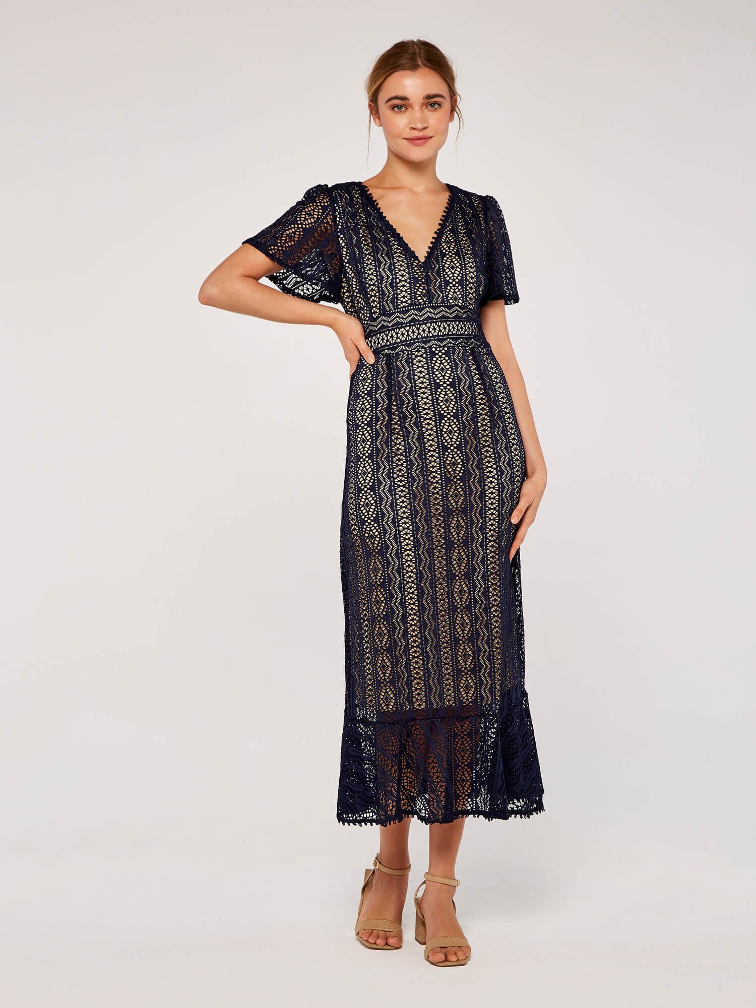 Lace V Neck Midi Dress Apricot Clothing