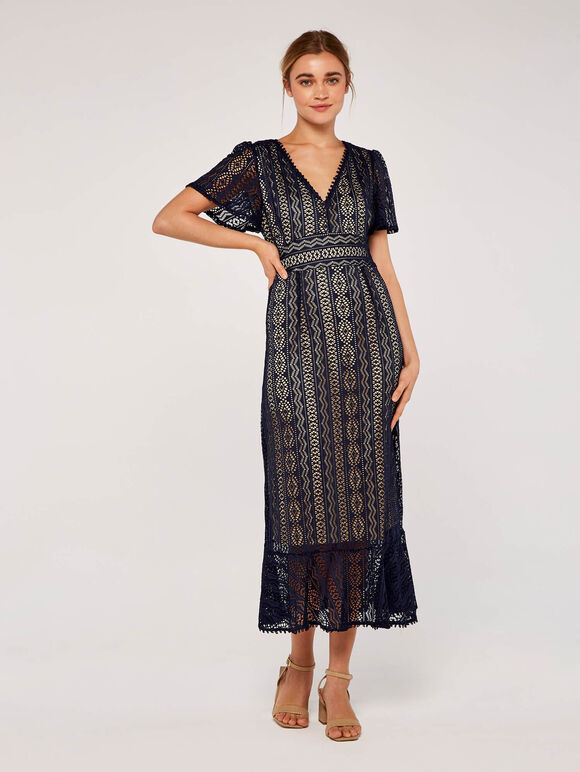 Lace V Neck Midi Dress, Navy, large