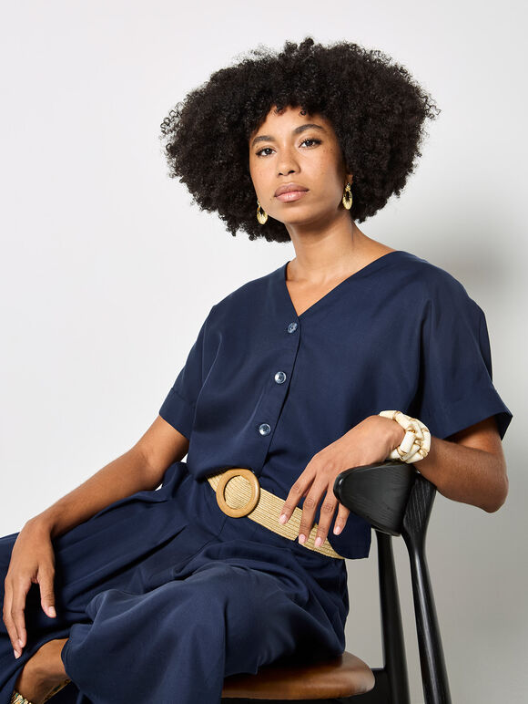 Lightweight V-neck Blouse, Navy, large