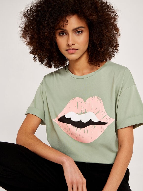 T-shirt graphique lèvres et dents, vert, grand