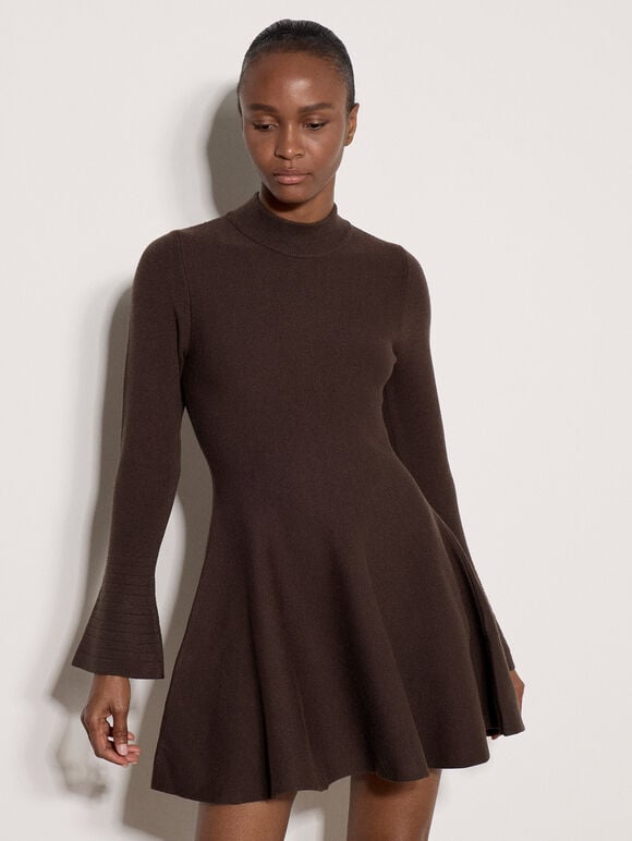 Bell Sleeve Knitted Skater Mini Dress, Brown, large