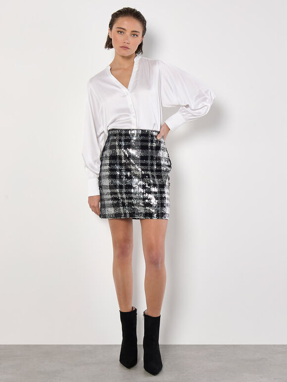 Check Sequin Mini Skirt, Black, large