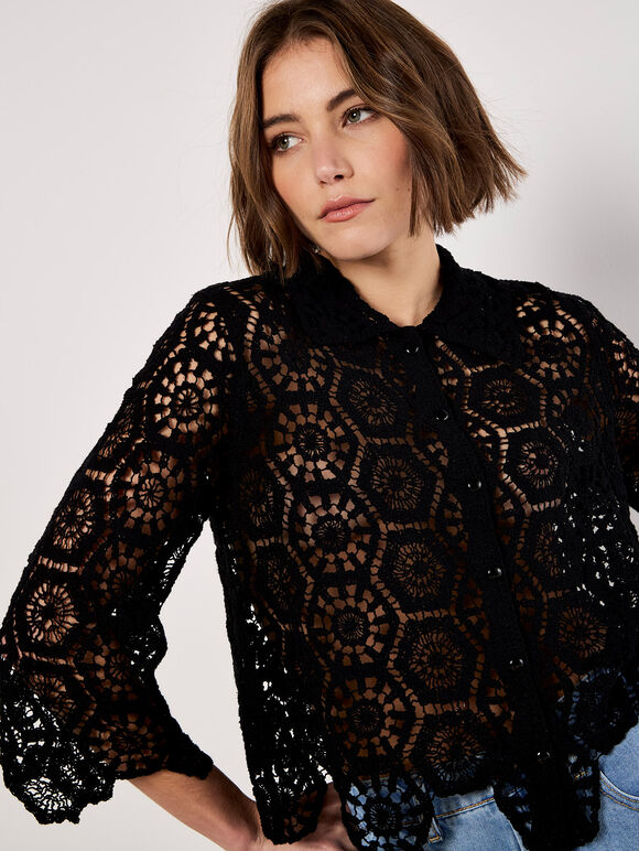Geometric Crochet Shirt, Black, large
