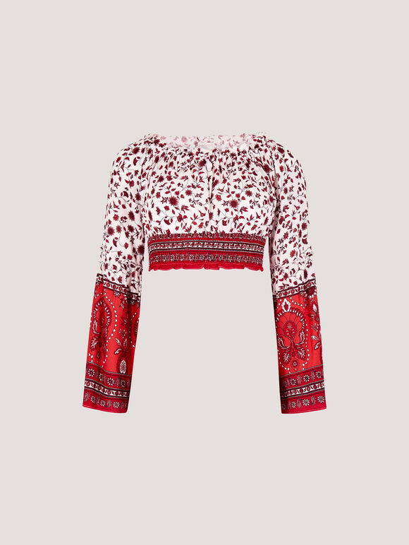 Sarasa Floral Cropped Milkmaid Top, White, large