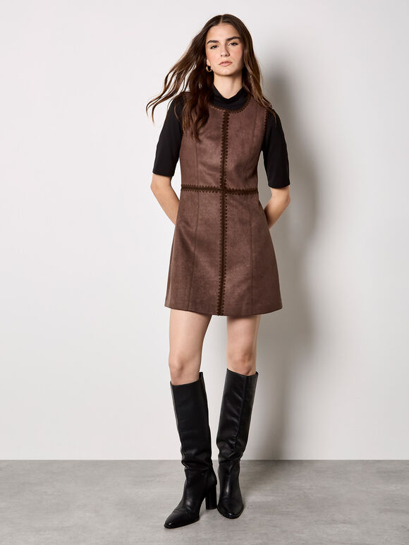 Stitch Detail Suedette Mini Dress, Brown, large