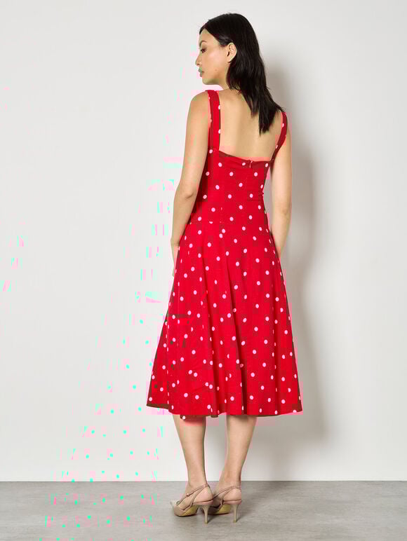 Linen Polka Dot Midi Dress, Red, large