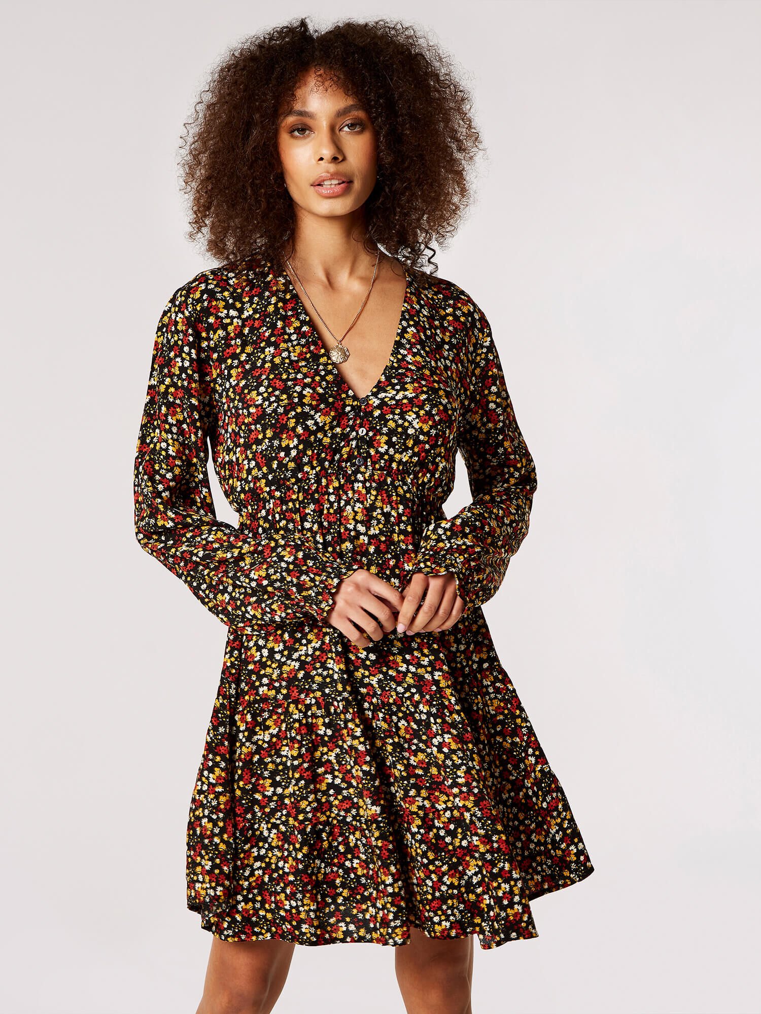 Apricot black floral dress deals
