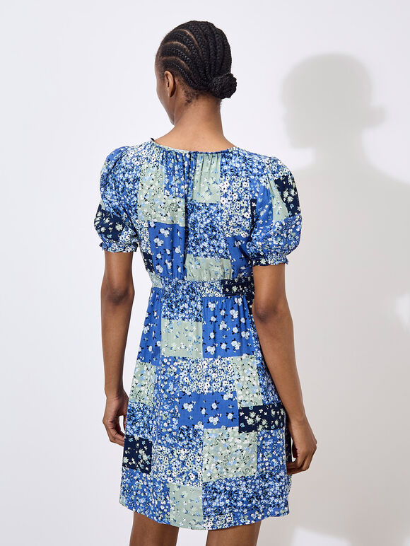 Ditsy Patchwork Milkmaid Mini Dress, Blue, large