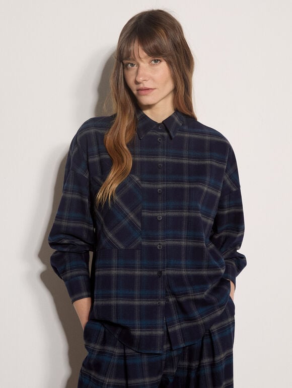 Oversized Check Print Shirt, Navy, large