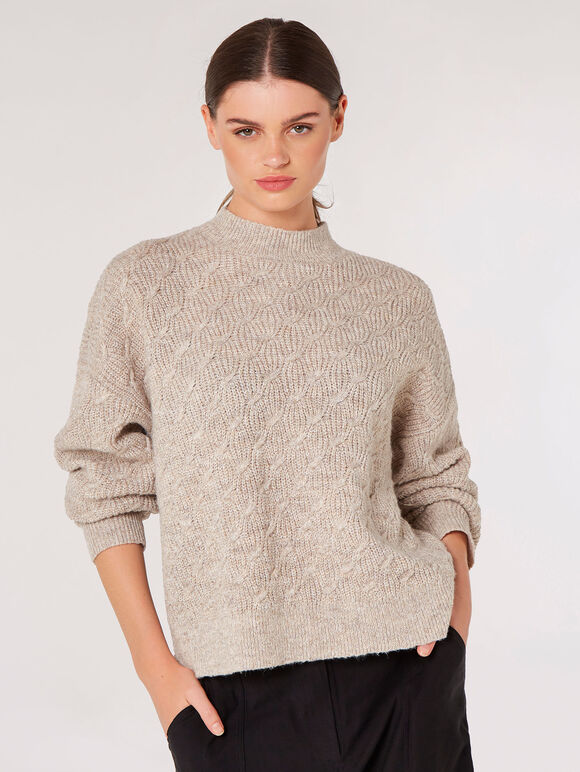 Plaited Knit Mock Neck Jumper, Stone, large