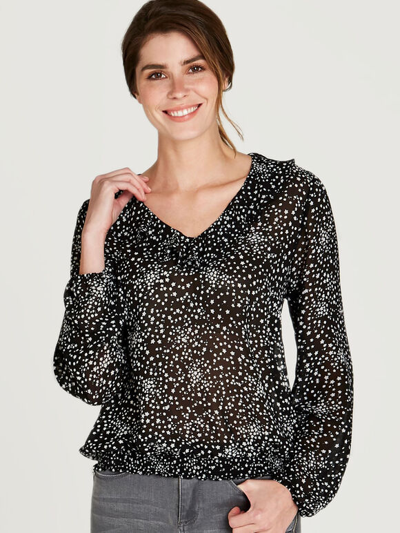 Star Print Ruffle Detail Blouse, Black, large