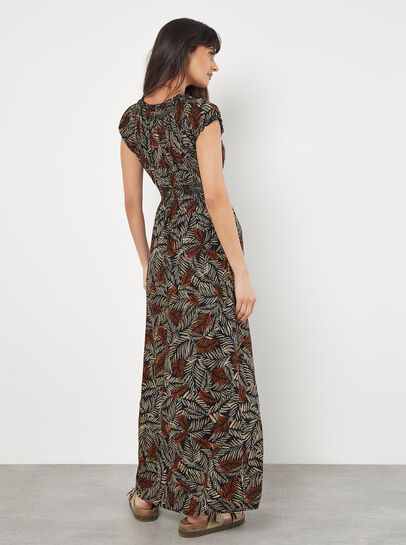 Rustic Leaf Print Smocked Maxi Dress