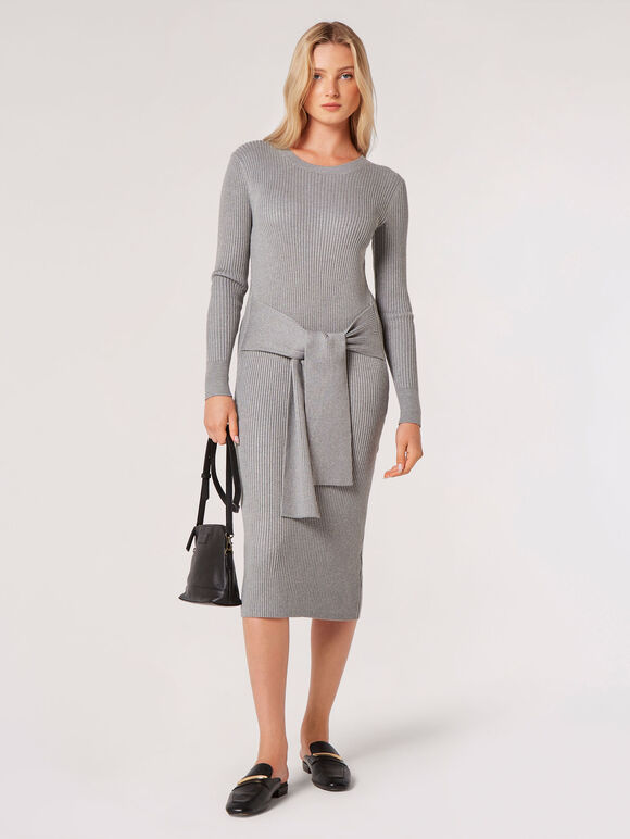 Robe midi moulante en tricot côtelé, Gris, grand