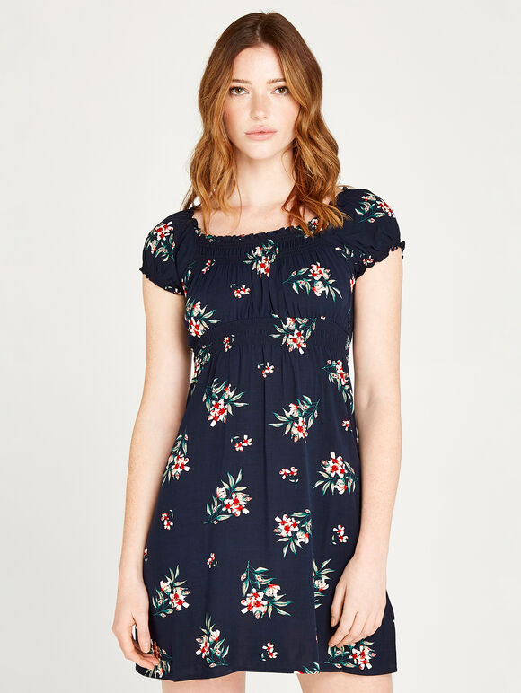 Floral Bunches Milkmaid Dress, Navy, large