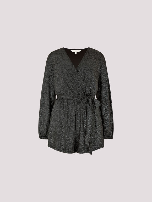 Metallic Shimmer Wrap Playsuit , Silver, large