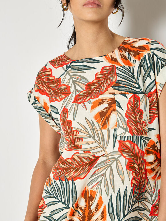 Tropical Leaf Woven T-Shirt, Khaki, large