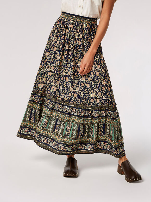 Sarasa Floral Border Maxi Skirt, Navy, large