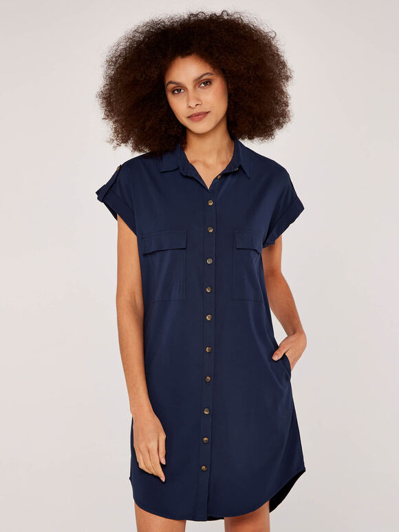 Sleeveless Utility Shirt Dress, Navy, large