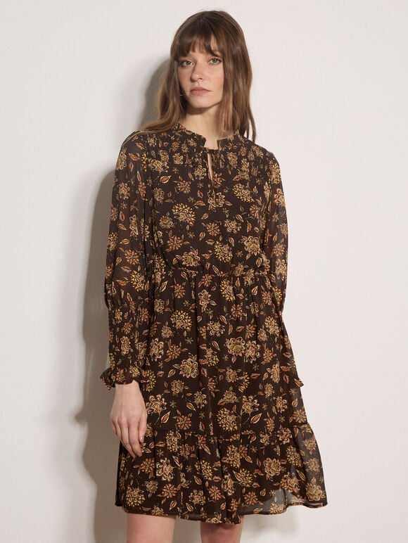 Folk Floral Chiffon Mini Dress, Brown, large