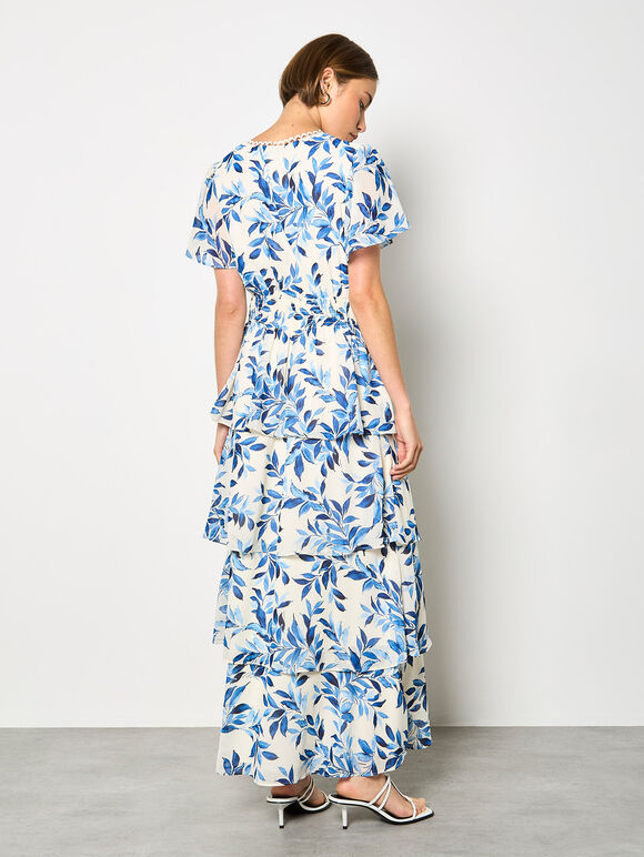 Watercolour Leaves Chiffon Tiered Maxi Dress, Blue, large