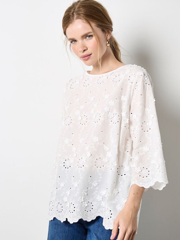 Flower Bell Sleeve Top, White, large