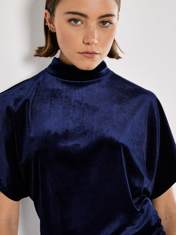 Velvet Ruched Side Top, Navy, large