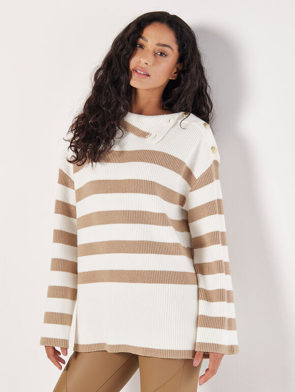 Button Detail Stripe Jumper, Stone, large