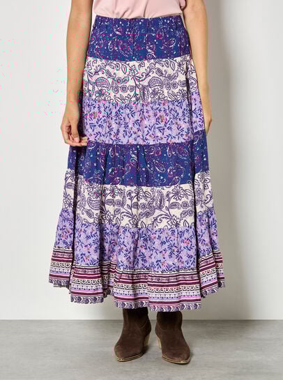 Patchwork Print Tiered Maxi Skirt