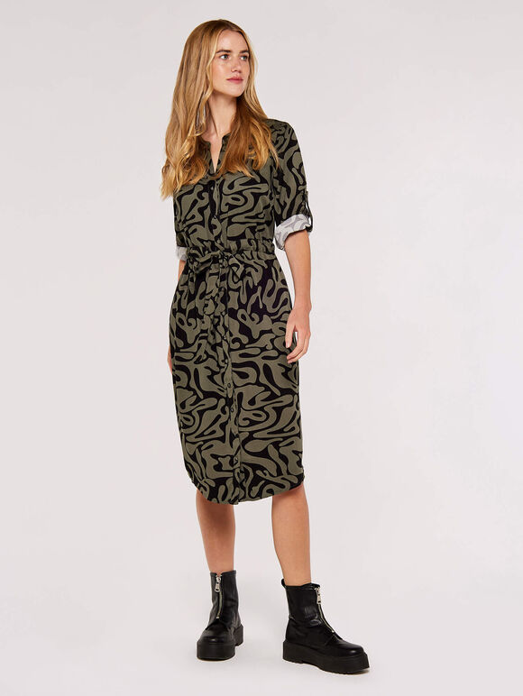 Swirl Drawstring Midi Dress, Khaki, large