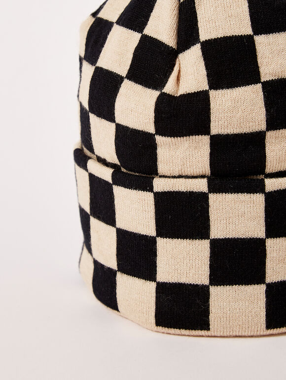 Checkered Beanie Hat, Stone, large
