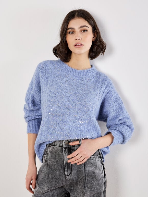 Iridescent Sequin Cable Knit Jumper, Blue, large