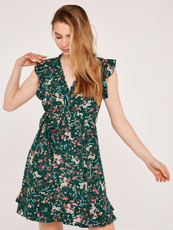 Kleid mit botanischen Ditsy-Rüschen, Grün, Größe L