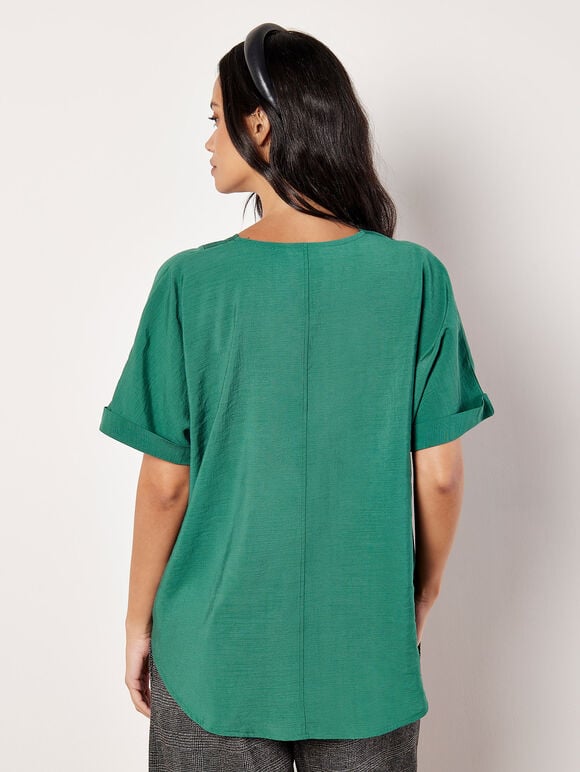 Pleat Detail V-Neck Top, Green, large