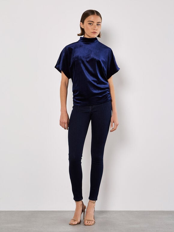 Velvet Ruched Side Top, Navy, large