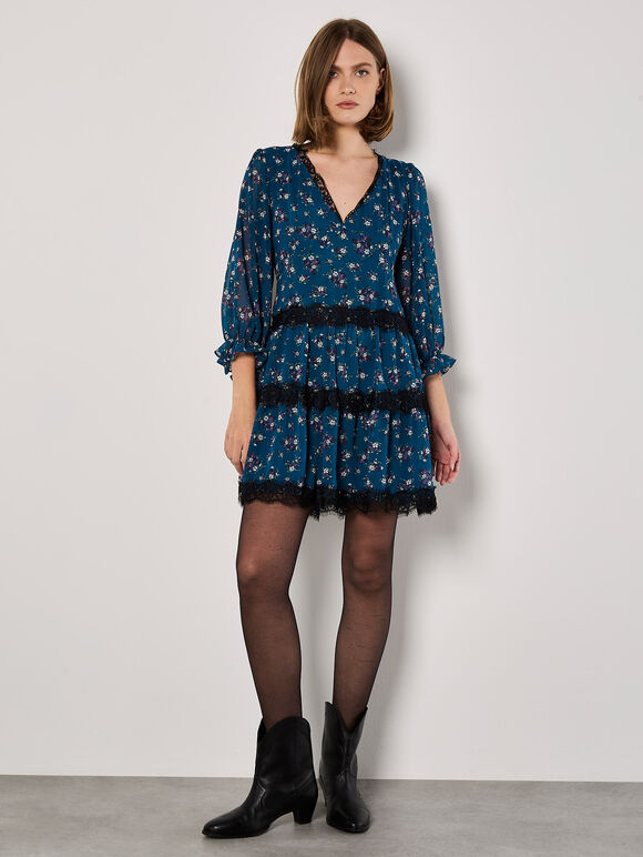 Vintage Floral Lace Tiered Mini Dress, Teal, large