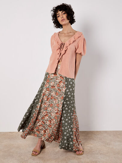 Floral Patchwork Print Midi Skirt
