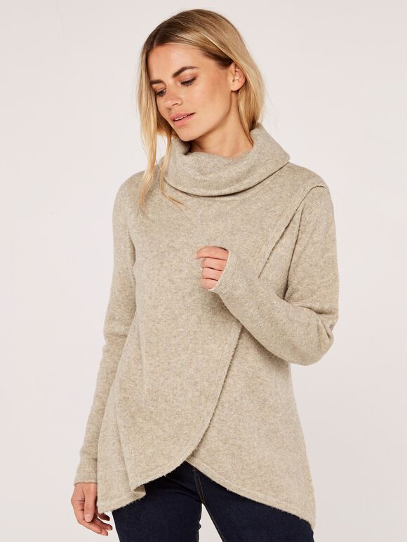 Roll Neck Wrap Jumper, Stone, large