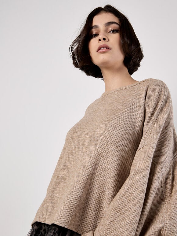 Honeycomb Knit Oversized Top, Stone, large