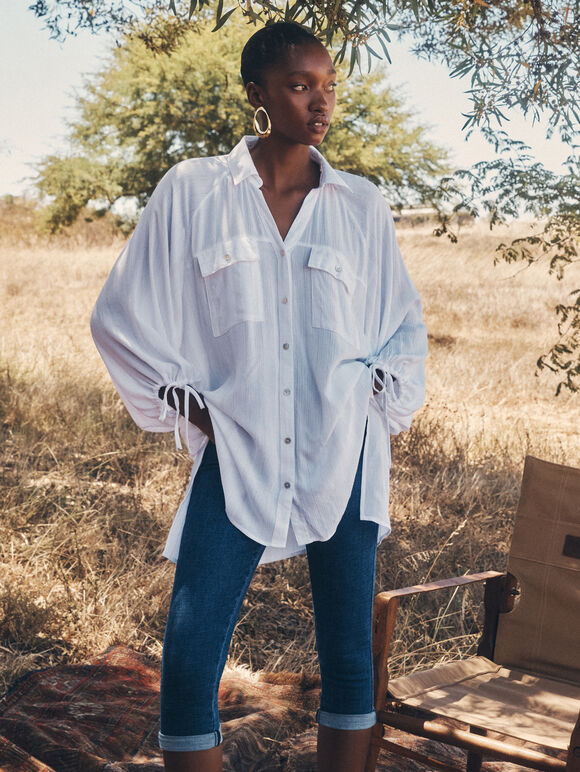 Oversized Longline Shimmer Shirt, White, large