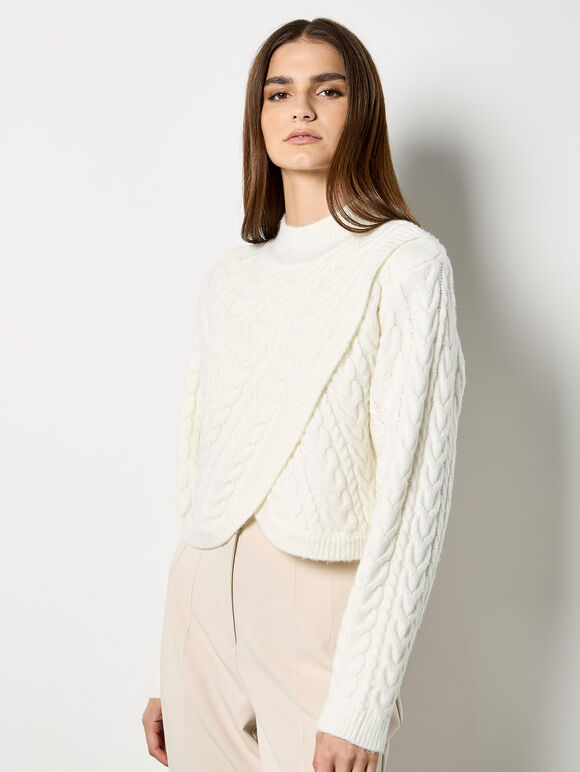 Cable Knit Wrap Jumper, Cream, large