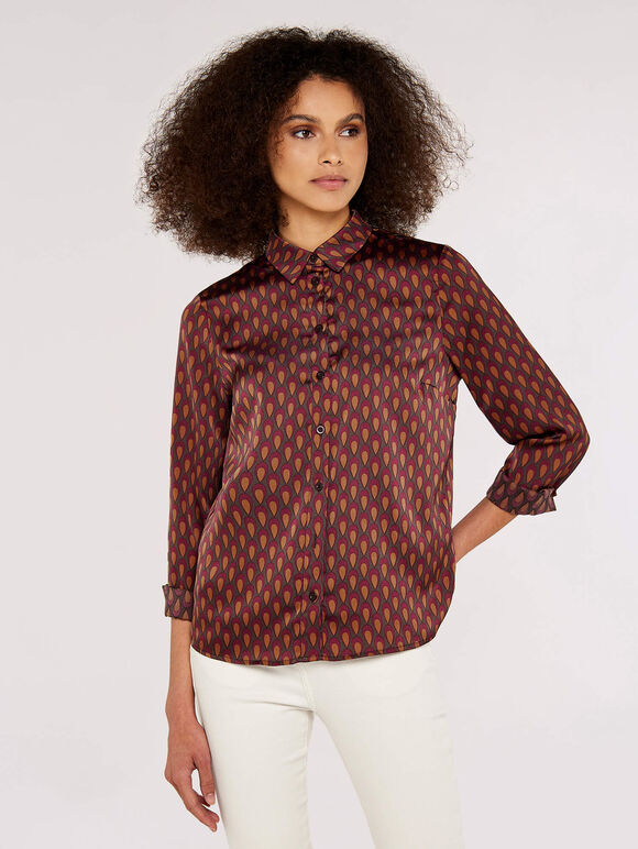 Teardrop Crinkle Satin Shirt, Burgundy, large