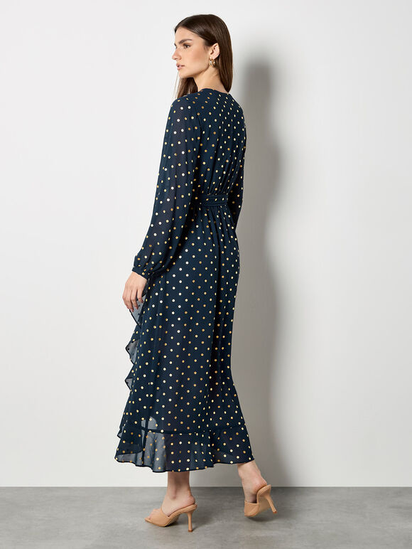 Gold Foil Polka Dot Chiffon Maxi Dress, Navy, large